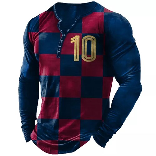 

Men's T shirt Tee Henley Shirt Tee Graphic Lattice Tartan Henley Red 3D Print Outdoor Daily Long Sleeve Button-Down Print Clothing Apparel Basic Designer Classic Comfortable