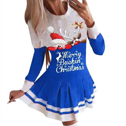 

Women's Christmas Swing Dress Blue Red Black Long Sleeve Letter Santa Claus Elk Pleated Print Winter Fall Crew Neck Stylish Romantic Fall Dress Loose Fit 2022 S M L XL XXL / Winter Dress