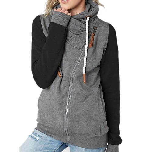 

Women's Turtleneck Hoodie Jacket Yoga Top Winter Patchwork Zipper Color Block Gray Yoga Fitness Gym Workout Top Long Sleeve Sport Activewear Thermal Warm Breathable Comfortable Stretchy