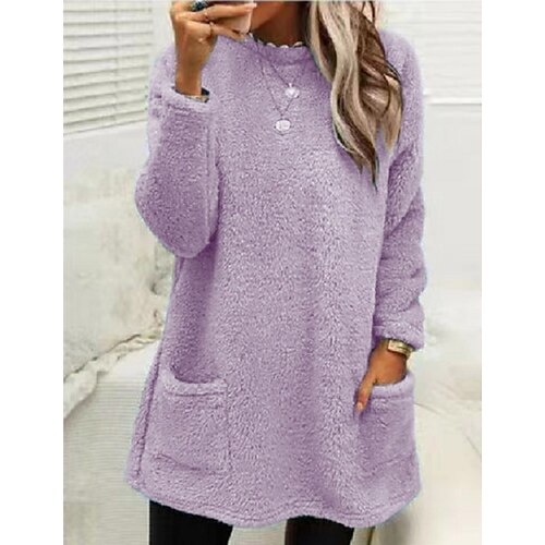 

Women's Sweatshirt Pullover Sherpa Fleece Teddy Pocket Green Blue Purple Solid Color Street Round Neck Long Sleeve Fleece S M L XL 2XL 3XL