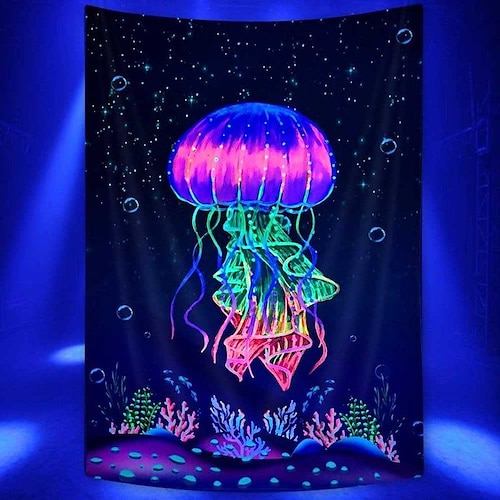 

Jellyfish Blacklight UV Reactive Wall Tapestry Art Decor Ocean Blanket Curtain Picnic Tablecloth Hanging Home Bedroom Living Room Dorm Decoration Polyester