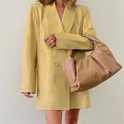 

Women's Blazer Faux Leather Jacket Warm Breathable Outdoor Office Work Button Single Breasted Turndown OL Style Elegant Modern Solid Color Regular Fit Outerwear Long Sleeve Winter Fall Black Yellow S