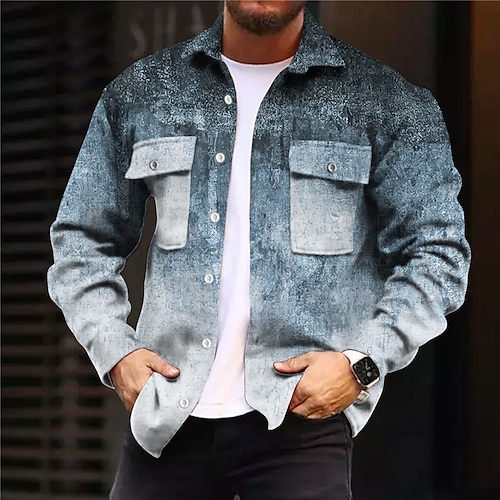 

Men's Jacket With Pockets Daily Wear Vacation Going out Single Breasted Turndown Streetwear Sport Casual Jacket Outerwear Gradual Front Pocket Print Blue Khaki Gray