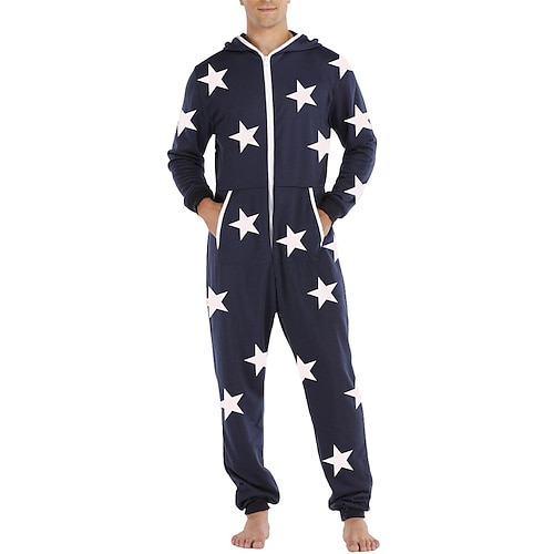 

Men's Loungewear Onesie Pajamas Star Simple Comfort Home Daily Polyester Warm Breathable Hoodie Long Sleeve Pocket Winter Royal Blue Gray