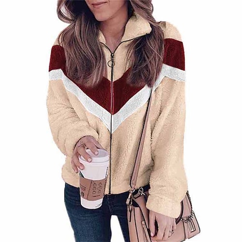 

Women's Sherpa jacket Fleece Jacket Teddy Coat Warm Breathable Outdoor Daily Wear Vacation Going out Patchwork Zipper Print Zipper Turndown Active Sports Comfortable Street Style Color Block Regular