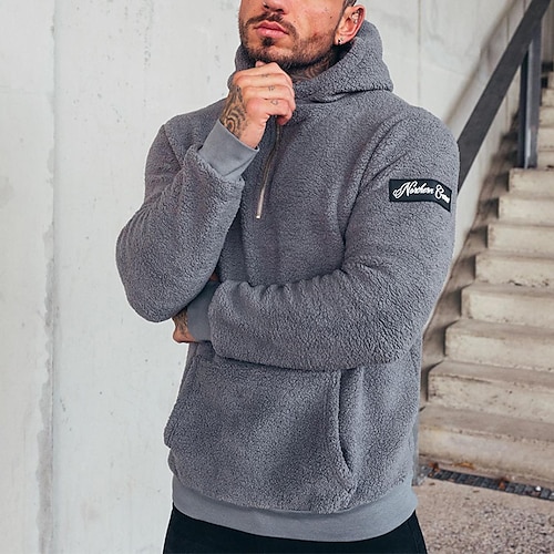 

Men's Hoodie Fuzzy Sherpa Pullover Hoodie Sweatshirt Gray Hooded Solid Color Sports & Outdoor Daily Sports Fleece Basic Casual Big and Tall Fall Spring Clothing Apparel Hoodies Sweatshirts Long