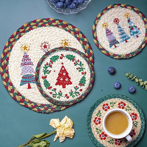 

Christmas Insulation Mat Hand-Woven Printing Coaster Round Mat Placemat Creative Pot Mat Non-Slip Mat Anti-Scalding Mat