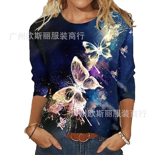 

osl aliexpress 2022 early spring amazon hot selling new european and american colorful butterfly print long-sleeved casual t-shirt women