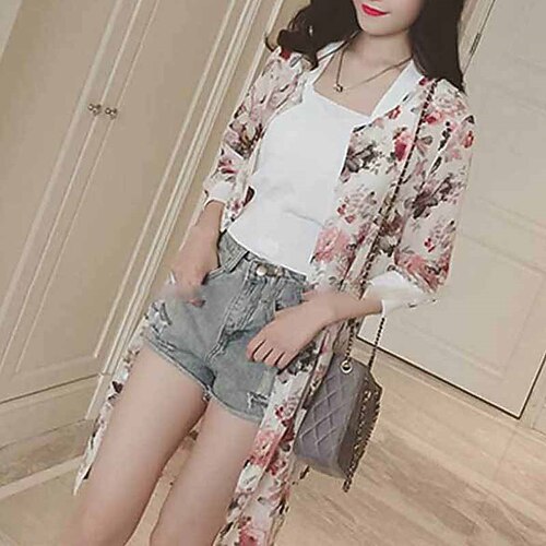 

Women's Casual Jacket Breathable Outdoor Daily Wear Vacation Going out Print Open Front Stand Collar Active Elegant Casual Lady Flower Regular Fit Outerwear Long Sleeve Spring Summer Green Black Pink