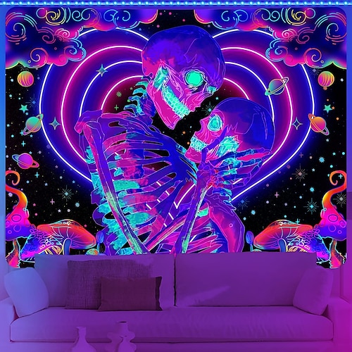 

Lovers Skull Blacklight UV Reactive Tapestry Trippy Psychedelic Dormitory Living Room Art Decoration Hanging Cloth