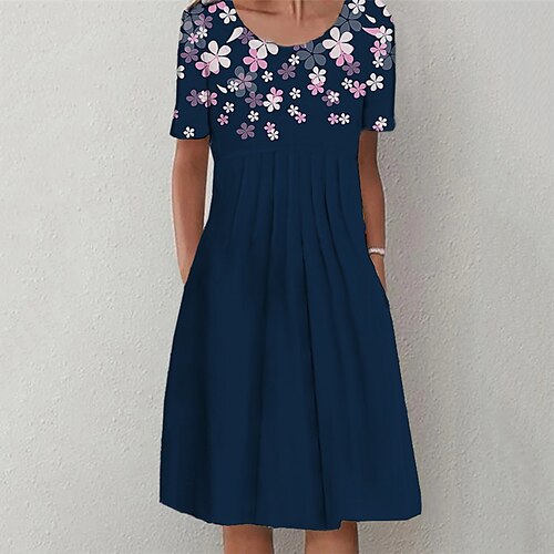 

Women's Casual Dress Shift Dress Navy Blue Short Sleeve Floral Ruched Spring Summer Crew Neck Slim 2022 S M L XL XXL 3XL