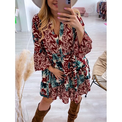 

Women's Casual Dress Shirt Dress Green Blue Long Sleeve Print Print Winter Fall Shirt Collar Stylish Casual Modern Fall Dress Loose Fit 2022 S M L XL 2XL / Winter Dress