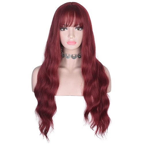 

Red Long Wavy Wig with Bangs for Women Heat Resistant Synthetic Hair Wigs for Daily Use ChristmasPartyWigs