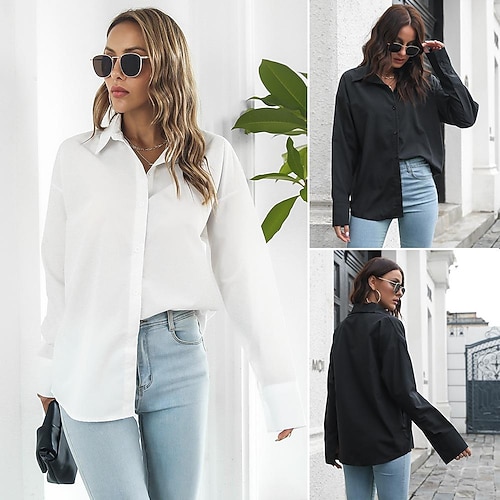 

Women's Blouse Button Solid / Plain Color Basic Shirt Collar Standard Spring, Fall, Winter, Summer White Black