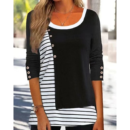 

Women's Shirt Black Striped Button Print Long Sleeve Casual Weekend Streetwear Ethnic Round Neck Regular S