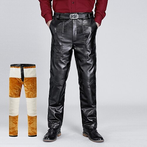 

Men's Sherpa Winter Pants Trousers Casual Pants Faux Leather Pants Pocket Elastic Waist Solid Color Waterproof Windproof Daily Holiday Going out Faux Leather Streetwear Casual Black High Waist