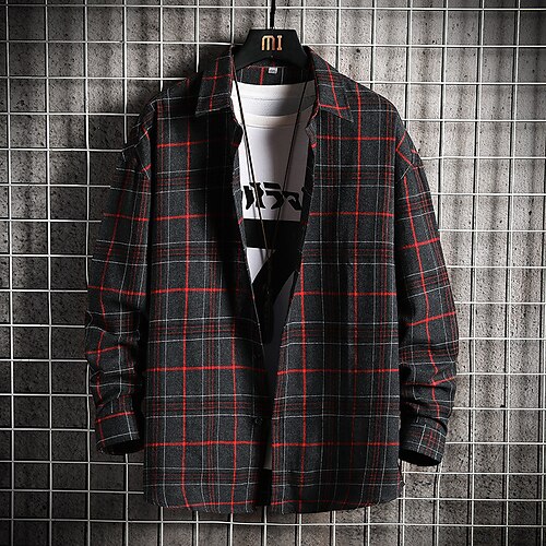 

Men's Overshirt Dress Shirt Plaid / Check Standing Collar Green Pink Yellow Beige Light Blue Daily Sports Long Sleeve Button-Down Clothing Apparel Streetwear Simple Casual