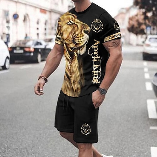 

Men's Shorts and T Shirt Set T-Shirt Outfits Animal Lion Graphic Prints Crew Neck Black 3D Print Outdoor Street Short Sleeve 3D Print Clothing Apparel 2pcs Basic Classic Comfortable Big and Tall