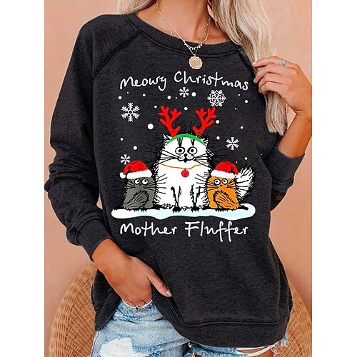 

Women's Sweatshirt Pullover Streetwear Christmas Green Black Blue Cat Christmas Round Neck Long Sleeve S M L XL 2XL 3XL