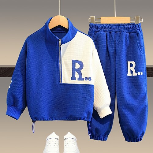 

2 Pieces Toddler Boys Hoodie & Pants Outfit Color Block Letter Long Sleeve Zipper Set School Cool Daily Winter Fall 3-7 Years Black Blue