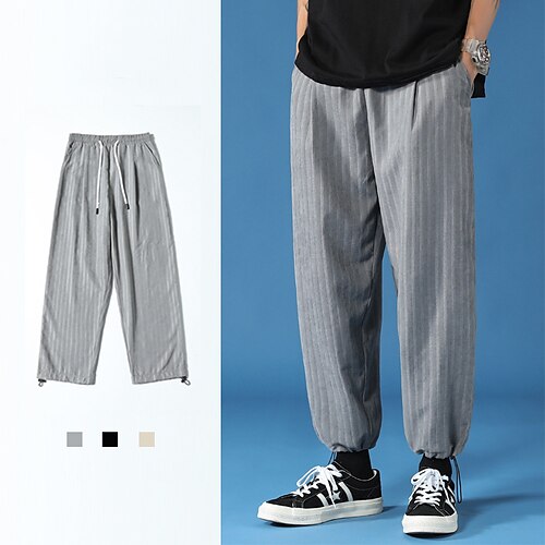 

Men's Trousers Casual Pants Pocket Drawstring Elastic Waist Stripe Comfort Breathable Full Length Daily Going out Streetwear Fashion Chic & Modern Khaki Grey Micro-elastic