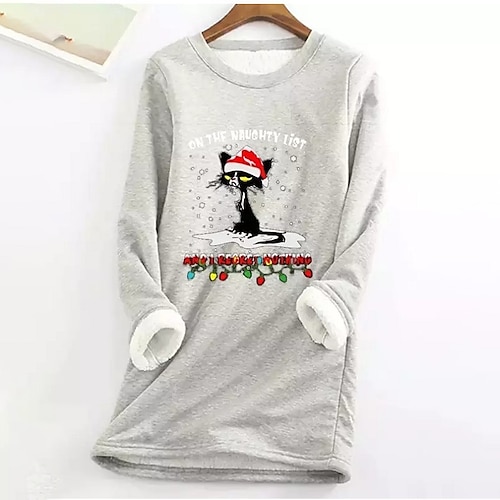 

Women's Plus Size Christmas Tops Fleece Pullover Sweatshirt Cat Letter Print Long Sleeve Casual Sherpa Fleece Daily Winter Fall Black Blue