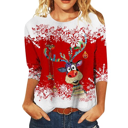 

Women's T shirt Tee Green Black Blue Snowflake Reindeer Print Long Sleeve Christmas Weekend Basic Christmas Round Neck Regular Painting S