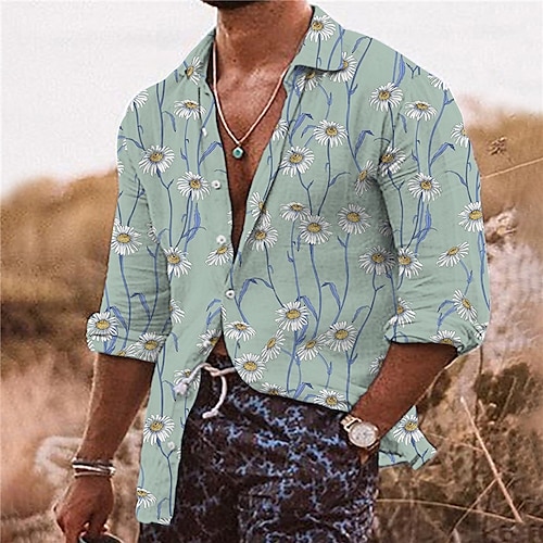 

Homme Chemise Floral Imprimés Photos Col rabattu Vert Bleu 3D effet Extérieur Plein Air manche longue Bouton bas Imprimer Vêtement Tenue Mode Design Casual Respirable