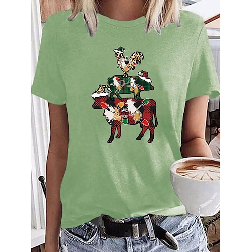 

Women's T shirt Tee Green Blue Army Green Graphic Cow Print Short Sleeve Christmas Daily Basic Christmas Round Neck Regular Painting S