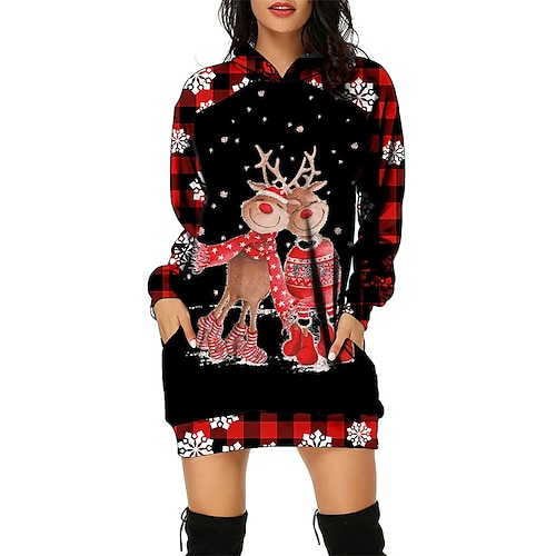 

Women's Christmas Hoodie Dress Winter Dress Short Mini Dress Wine Khaki Gold Red White Black Long Sleeve Plaid Elk Tree Pocket Print Fall Winter Hooded Casual Loose Fit 2022 S M L XL XXL 3XL
