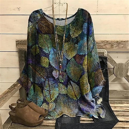 

Women's Shirt Blouse Yellow Blue Brown Leaf Print Long Sleeve Daily Vacation Casual Crewneck Regular Plus Size XL