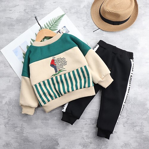 

2 Pieces Toddler Boys Sweatshirt & Pants Outfit Cartoon Letter Stripe Long Sleeve Cotton Set Outdoor Fashion Daily Winter Fall 3-7 Years Green Black