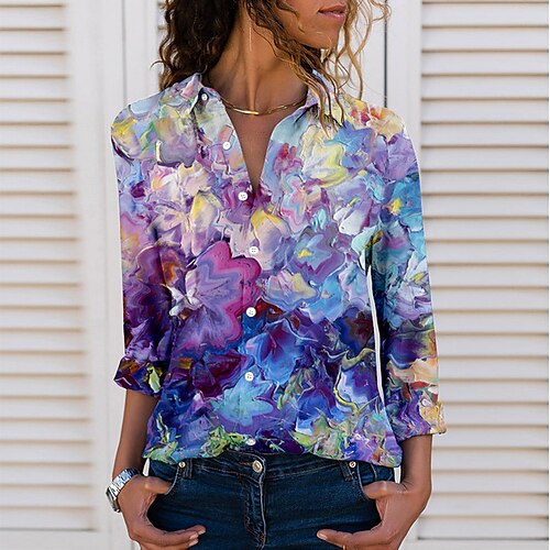 

Women's Blouse Shirt Green Black Blue Graphic Button Print Long Sleeve Casual Basic Shirt Collar Regular S