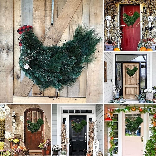 

Rooster Chicken Wreath Green Rooster Wreath for Front Door Rooster Wreath Farmhouse Kitchen Garden Decoration