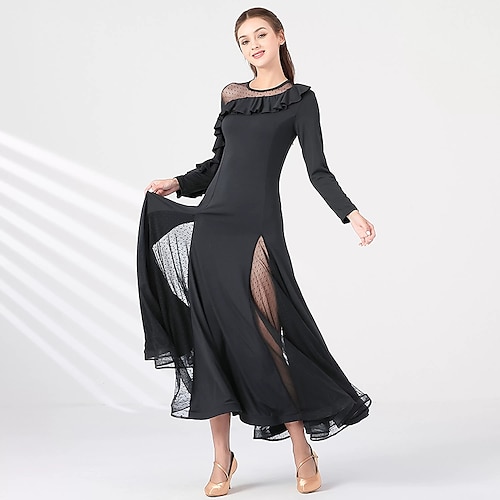 

Ballroom Dance Dress Ruffles Women's Performance Training Long Sleeve Crystal Cotton Tulle