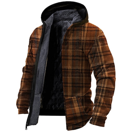 

Men's Fleece Jacket Full Zip Hoodie Fleece Hoodie Sherpa Jacket Brown Hooded Plaid Checkered Graphic Prints Zipper Print Sports & Outdoor Daily Sports 3D Print Fleece Streetwear Designer Casual Winter