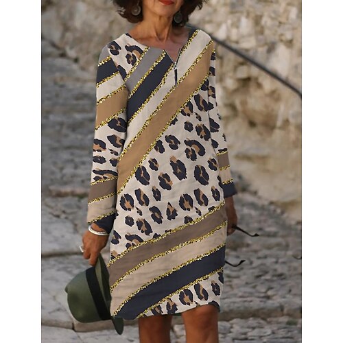 

Women's Casual Dress Light Yellow Long Sleeve Leopard Zipper Winter Fall Crew Neck Modern Winter Dress Fall Dress 2022 S M L XL 2XL 3XL 4XL 5XL 6XL