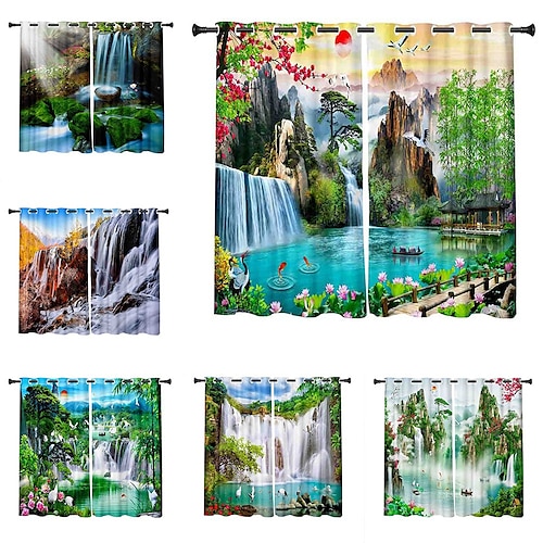 

3D Print Blackout Curtain Feather Print Curtain Drapes for Living Room Thermal Insulated Grommet Window Curtains for Bedroom Waterfall Natural Scenery