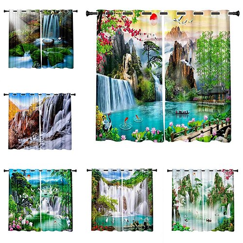 

3D Print Blackout Curtain Feather Print Curtain Drapes for Living Room Thermal Insulated Grommet Window Curtains for Bedroom Waterfall Natural Scenery