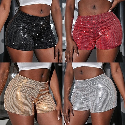 

Women's Shorts High Waisted Sequin Modern Standard Spring, Fall, Winter, Summer Silver Gold Red Black