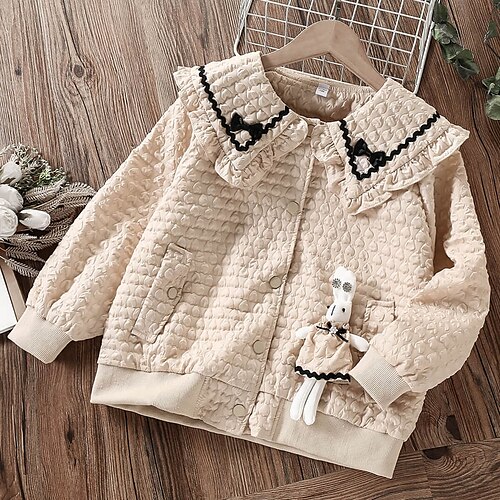 

Kids Girls' Children's Day Jacket & Coat Long Sleeve Khaki Solid Color Plaid Ruffle Winter Fall Active School 4-12 Years