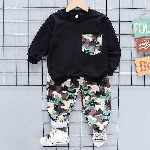

Kids Boys Hoodie Pants Clothing Set 2 Pieces Long Sleeve Black Dinosaur Camo Camouflage Vacation Cool Casual 2-6 Years