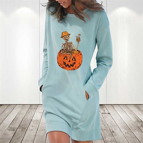 

Women's Hoodie Dress Winter Dress Light Blue Grey White Long Sleeve Pocket Print Winter Fall Crew Neck Stylish Casual Fall Dress Loose Fit 2022 S M L XL 2XL / Cotton / Halloween / Skull