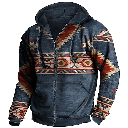 

Homens Full Zip Hoodie Jaqueta Azul denim Azul Roxo Azul Real Cinzento Escuro Com Capuz Tribal Estampas Abstratas Zíper Imprimir Desportos e Ar livre Diário Esportes Impressão 3D Boho Roupa de rua