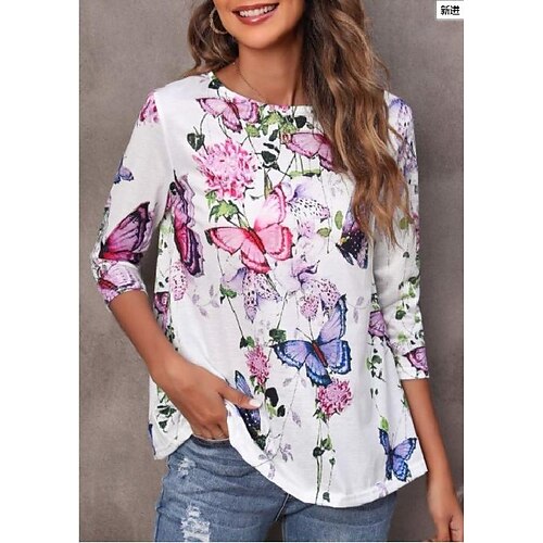 

Women's T shirt Tee Blue Pink Graphic Floral Print Long Sleeve Casual Holiday Basic Round Neck Regular Floral Butterfly Painting S