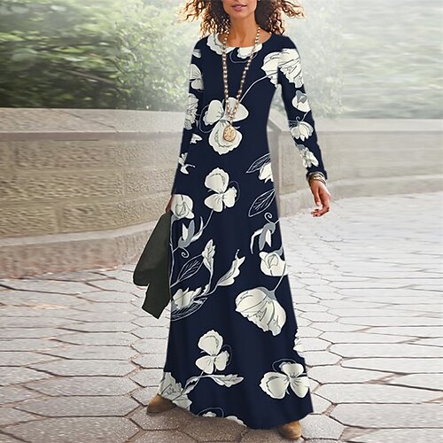 

Women's Casual Dress Swing Dress Long Dress Maxi Dress Navy Blue Long Sleeve Floral Pocket Print Winter Fall V Neck Vacation Casual Fall Dress 2022 S M L XL XXL 3XL / Winter Dress