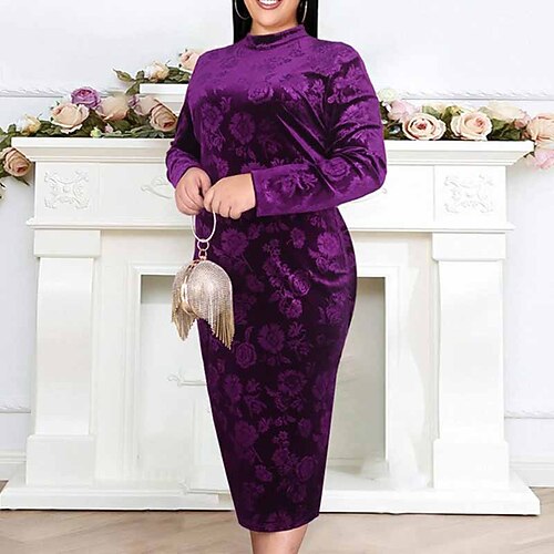 

Women's Plus Size Party Dress Floral Crew Neck Long Sleeve Fall Winter Elegant Formal Midi Dress Formal Party Dress / Velvet / Velvet Dress