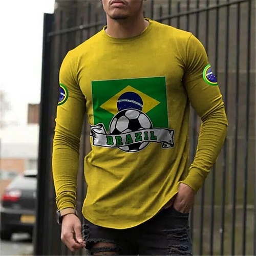 

Men's T shirt Tee Football Graphic Prints Crew Neck Yellow 3D Print Outdoor Street Long Sleeve Print Clothing Apparel Basic Sports Designer Casual