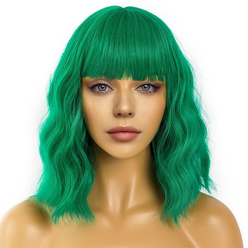 

Short Bob Wigs with Bangs for Women Loose Wavy Green Wig Curly Wavy Shoulder Length Bob Synthetic Cosplay Wig for Girl Colorful Christmas Party Wigs