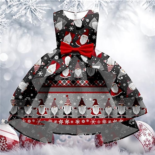 

Kids Girls' Christmas Party Dress Santa Claus Snowman Snowflake A Line Dress Christmas Gifts Ruffle Crewneck Black Red Knee-length Sleeveless Elegant Beautiful Dresses Christmas Winter Fall